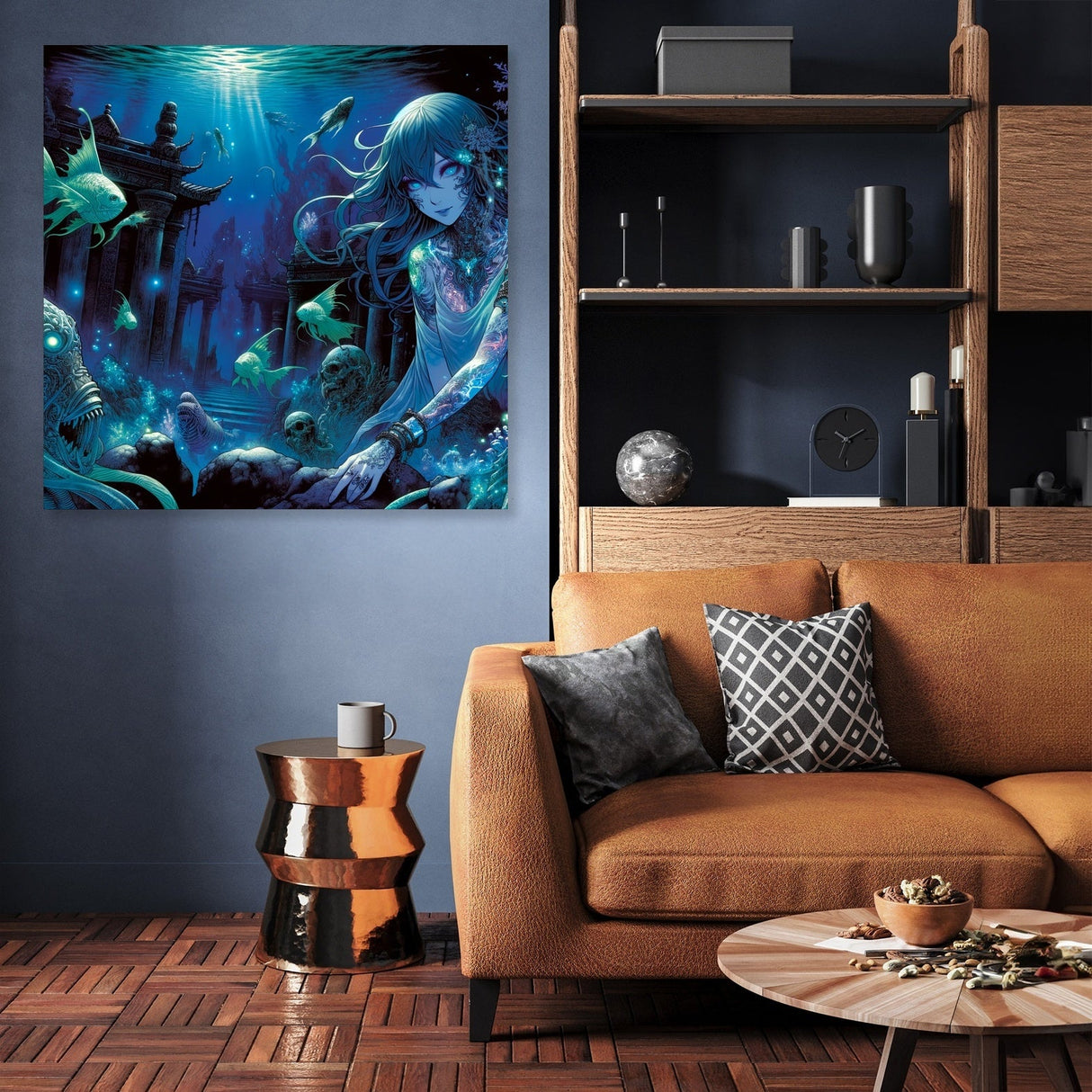 Beautiful Wall Art Canvas depicting an underwater scene with a mystical figure and sea creatures