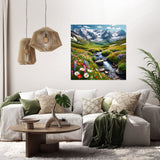 Beautiful Wall Art Canvas featuring a vibrant landscape with mountains and wildflowers in a living room setting