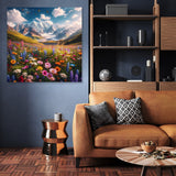Vibrant Wall Art Canvas of a Mountain Landscape with Colourful Flowers, Ideal for Home Decor