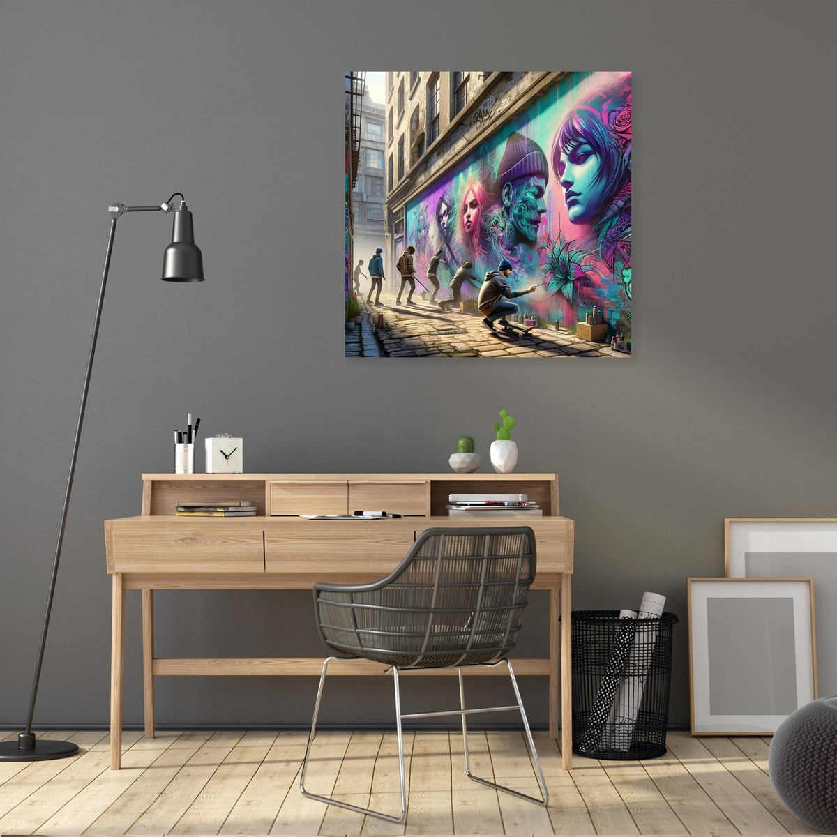 Vibrant Wall Art Canvas featuring urban street art in a modern office setting