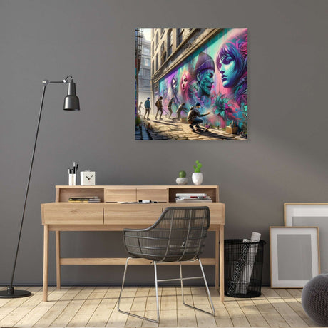 Vibrant Wall Art Canvas featuring urban street art in a modern office setting