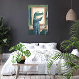 Whimsical Wall Art Canvas featuring a crocodile in a bathroom mirror scene