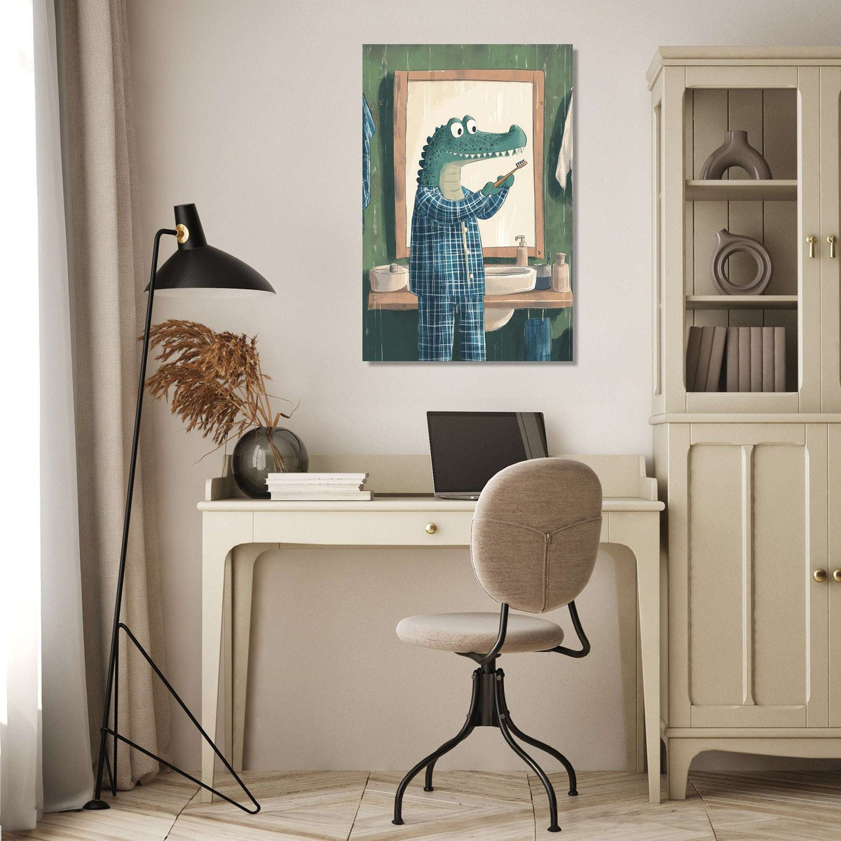 Playful Wall Art Canvas featuring a crocodile in a bathroom setting, perfect for children's rooms