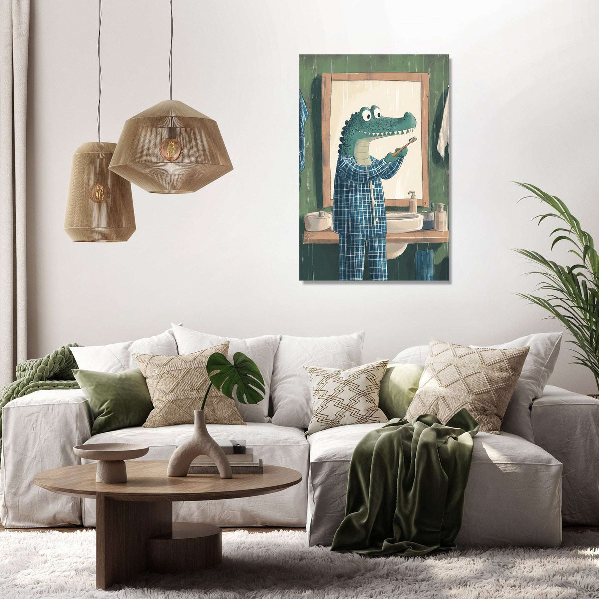 Unique Wall Art Canvas featuring a crocodile in a bathroom mirror scene for stylish home decor