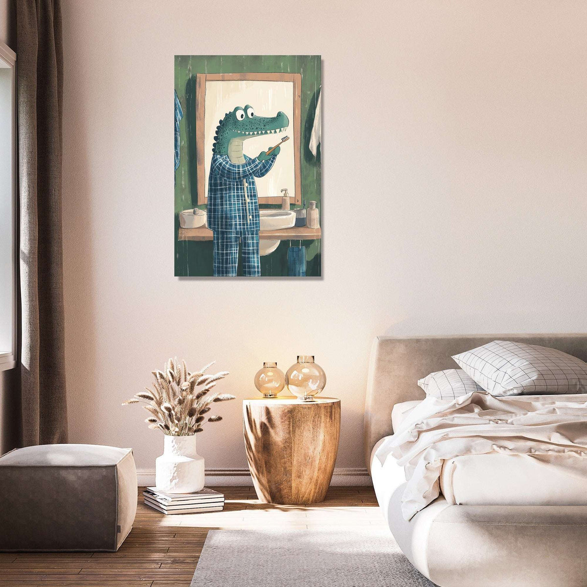 Colourful wall art canvas featuring a friendly crocodile in a bathroom setting