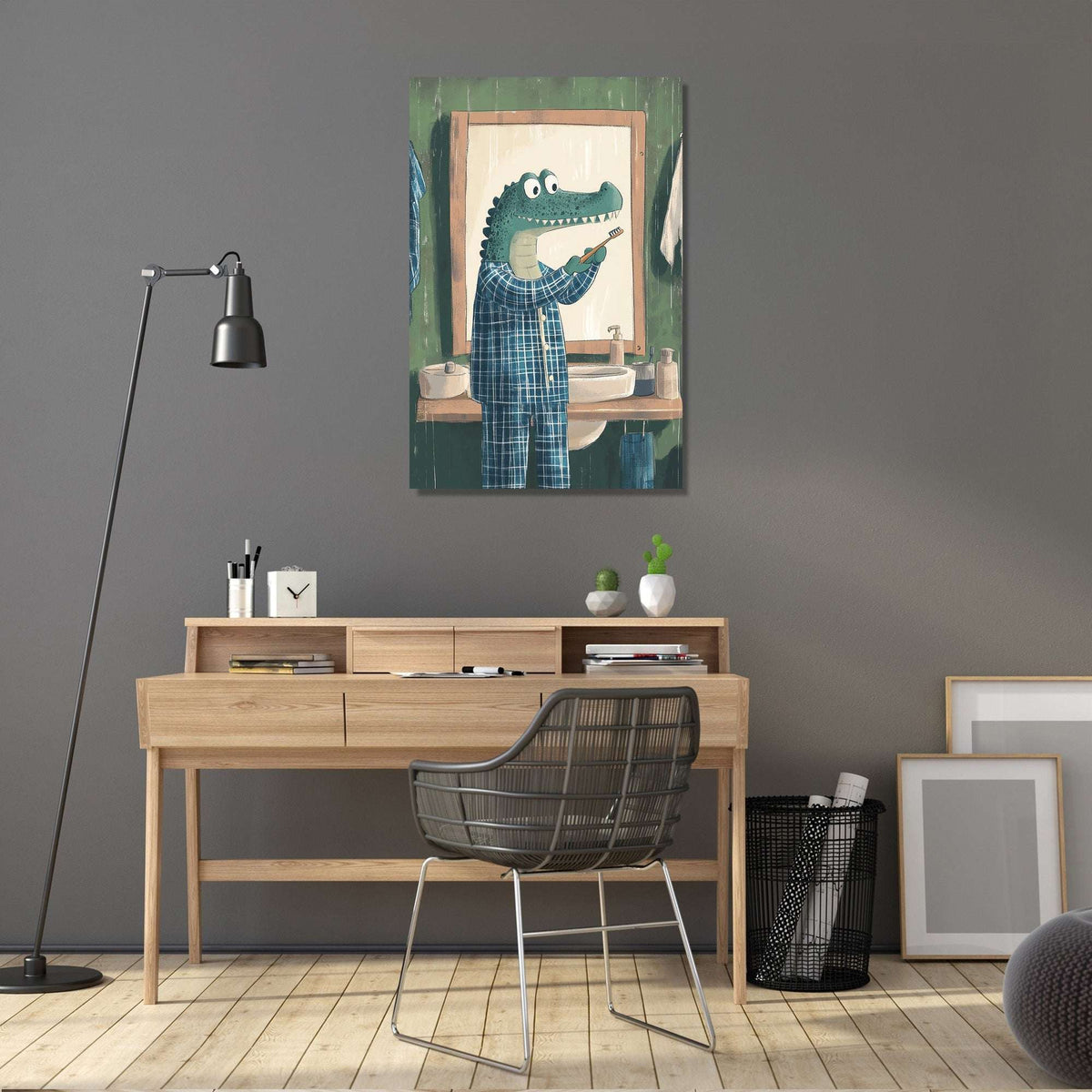 Whimsical Wall Art Canvas featuring a crocodile in a bathroom setting with playful colours