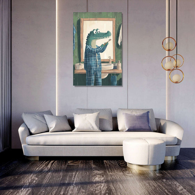 Whimsical Wall Art Canvas featuring a crocodile in pyjamas in front of a mirror