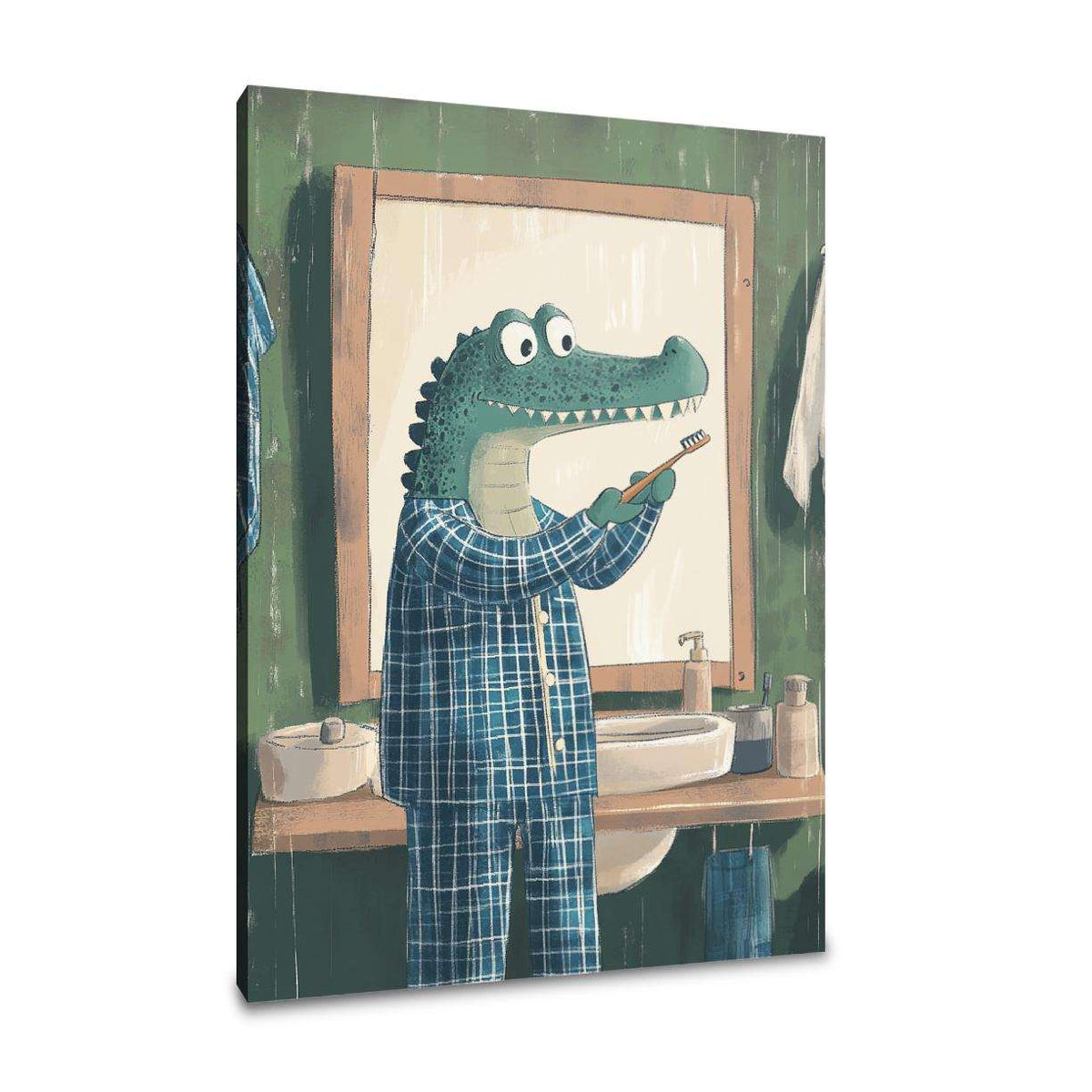 Whimsical wall art canvas featuring a cartoon crocodile brushing teeth in a bathroom setting