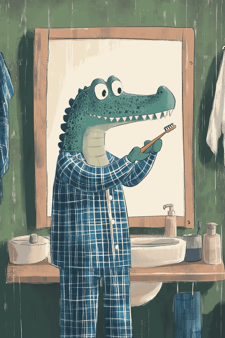 Cartoon alligator in pyjamas brushing teeth in bathroom, perfect for playful Wall Art Canvas