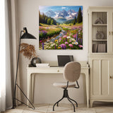 Beautiful Wall Art Canvas featuring a vibrant mountain landscape with flowers and a river