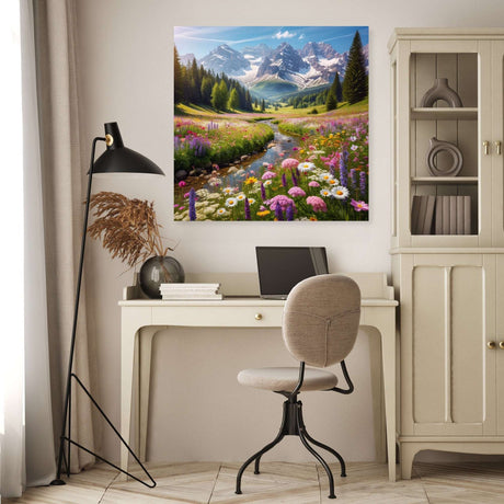 Beautiful Wall Art Canvas featuring a vibrant mountain landscape with flowers and a river