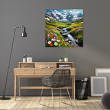 Beautiful Wall Art Canvas depicting a serene mountain landscape with vibrant flowers and a stream