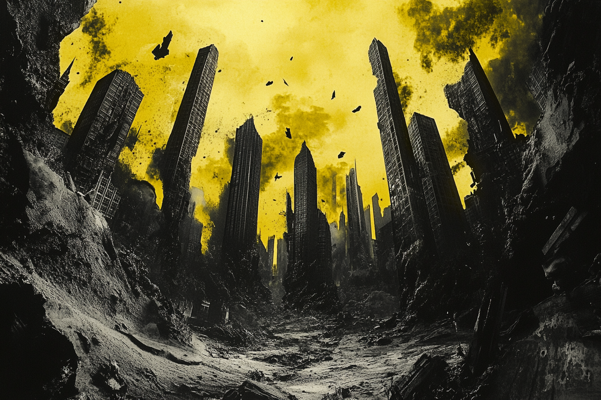 Dramatic Wall Art Canvas depicting a dystopian cityscape with towering ruins and a yellow sky
