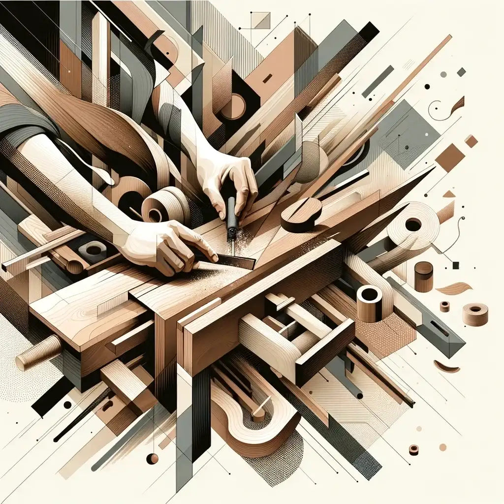 Abstract Wall Art Canvas featuring hands crafting with geometric shapes and wood textures