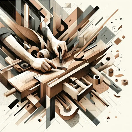 Abstract Wall Art Canvas featuring hands crafting with geometric shapes and wood textures