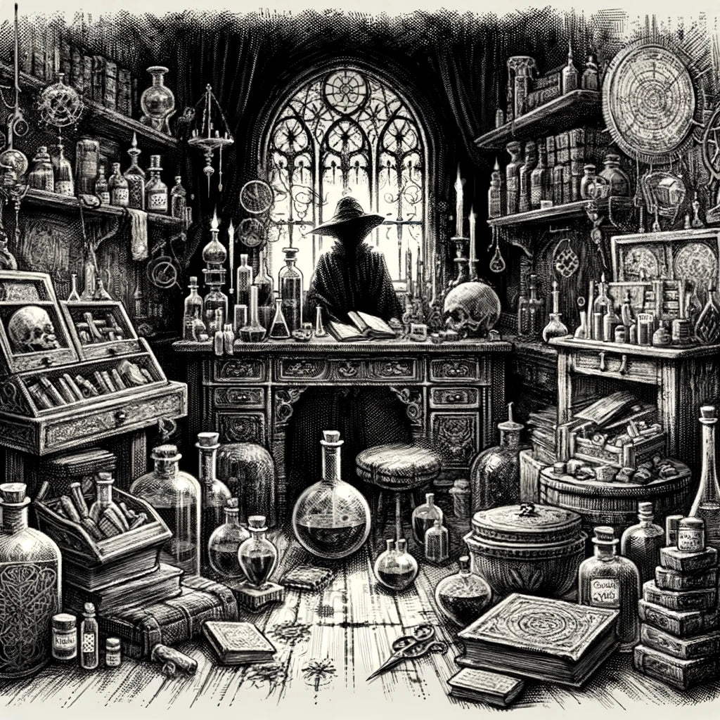 Intricate Wall Art Canvas featuring a mystical alchemist's laboratory filled with potion bottles and scrolls