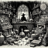 Intricate Wall Art Canvas featuring a mystical alchemist's laboratory filled with potion bottles and scrolls