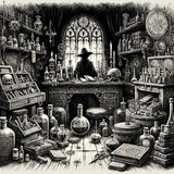 Intricate Wall Art Canvas featuring a mystical alchemist's laboratory filled with potion bottles and scrolls