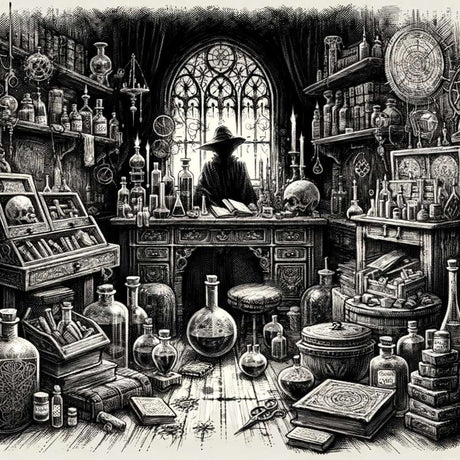 Intricate Wall Art Canvas featuring a mystical alchemist's laboratory filled with potion bottles and scrolls