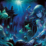 Mystical Wall Art Canvas featuring an underwater scene with a woman and glowing fish