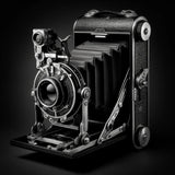 Vintage wall art canvas featuring a classic folding camera in detailed black and white