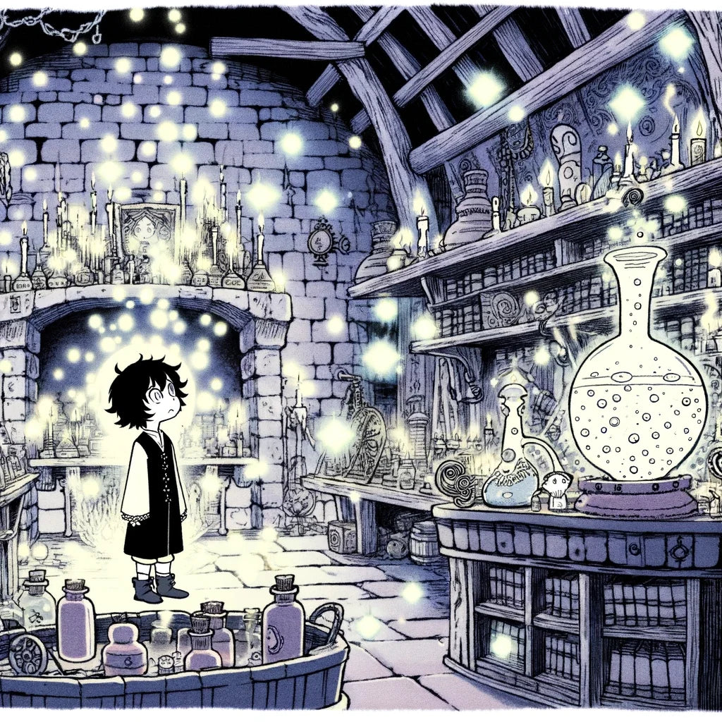 Magical wall art canvas featuring a boy in an enchanting potion-filled laboratory with glowing elements
