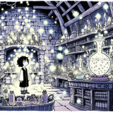 Magical wall art canvas featuring a boy in an enchanting potion-filled laboratory with glowing elements
