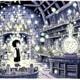 Magical wall art canvas featuring a boy in an enchanting potion-filled laboratory with glowing elements