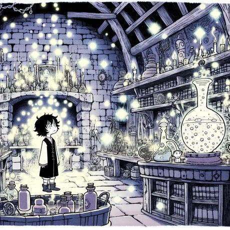 Magical wall art canvas featuring a boy in an enchanting potion-filled laboratory with glowing elements