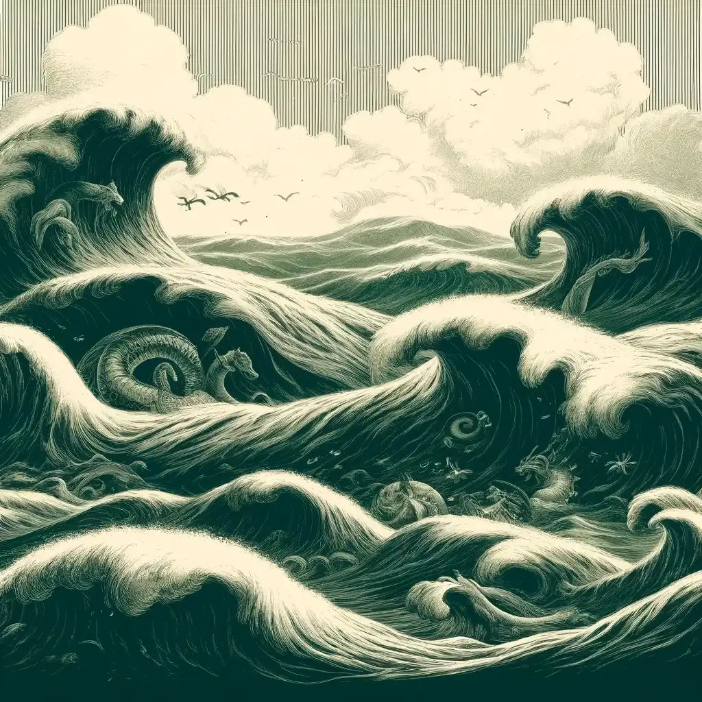 Home Art Haven Wall Art Canvas featuring dramatic waves and ocean creatures in a vintage style