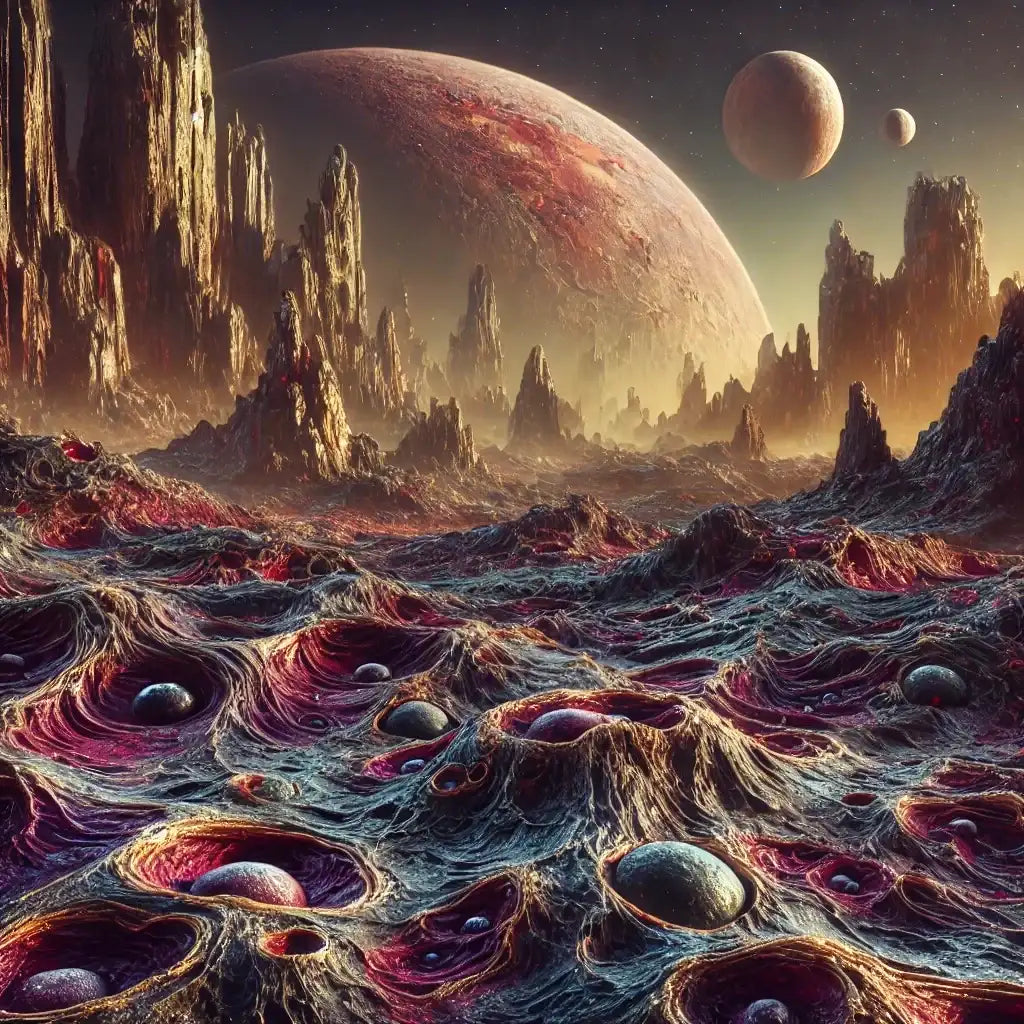 Abstract Wall Art Canvas featuring a cosmic landscape with planets and rocky terrain