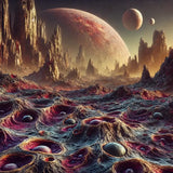 Abstract Wall Art Canvas featuring a cosmic landscape with planets and rocky terrain