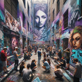 Vibrant street scene showcasing impressive wall art canvas in an urban alley with people admiring graffiti