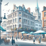 Beautiful cityscape scene of a bustling street with outdoor cafes, perfect for Wall Art Canvas decoration.