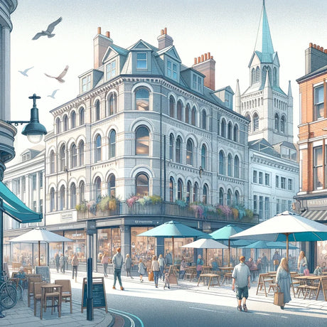 Beautiful cityscape scene of a bustling street with outdoor cafes, perfect for Wall Art Canvas decoration.