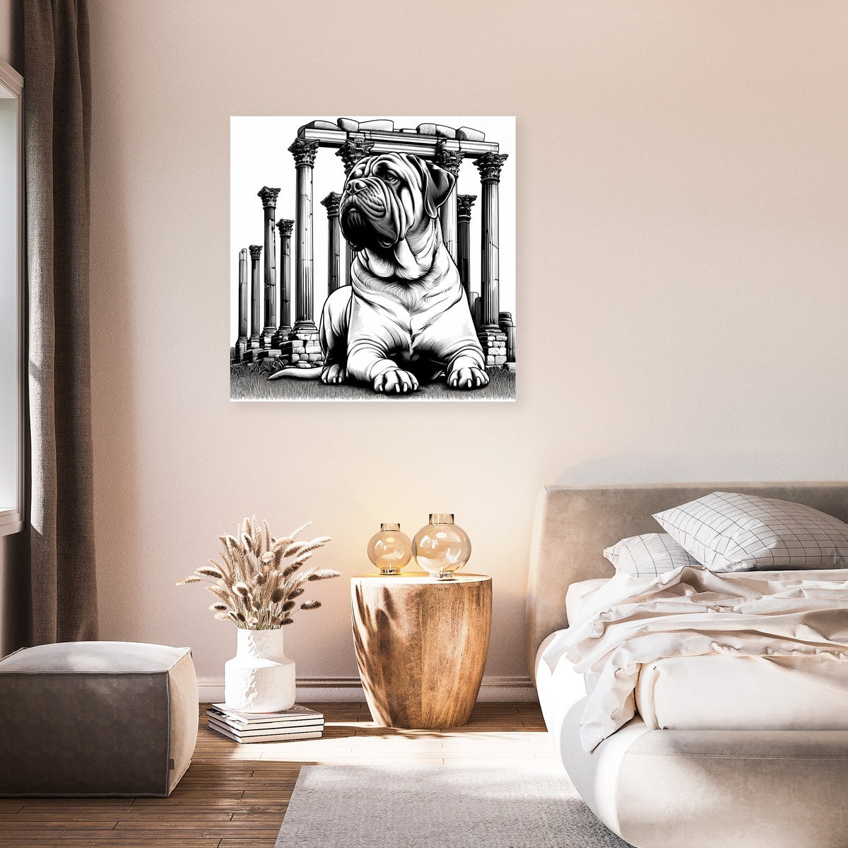 Stylish black and white wall art canvas featuring a dog in a stylish home setting