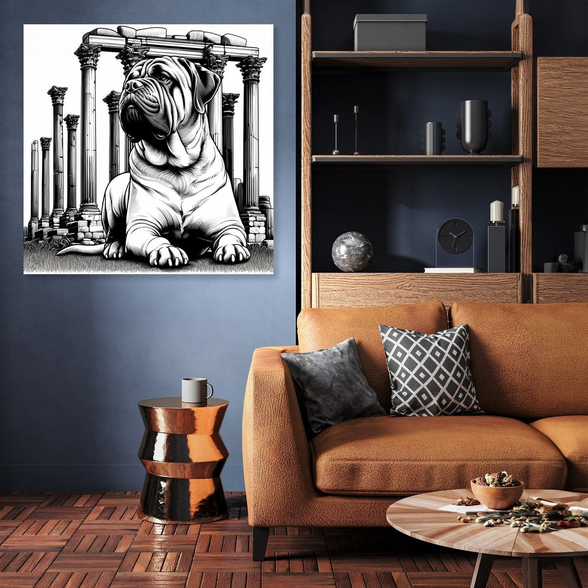 Stylish wall art canvas featuring a regal dog in front of ancient columns, perfect for modern decor