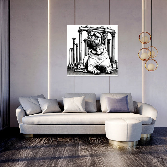 Stylish Wall Art Canvas featuring a dog against a backdrop of classical columns, perfect for modern interiors