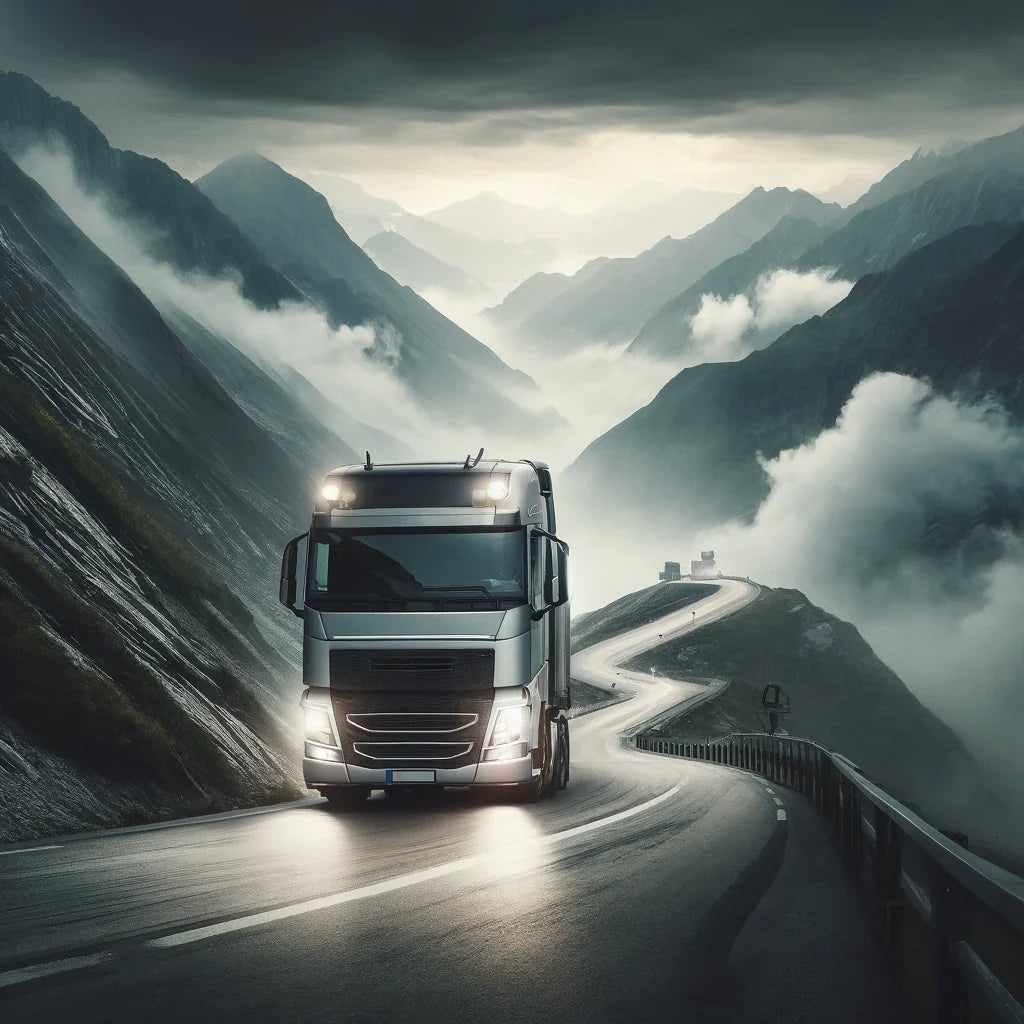Dramatic Wall Art Canvas featuring a truck on a winding mountain road shrouded in mist