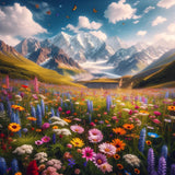 Vibrant Wall Art Canvas featuring a scenic mountain landscape with blooming flowers and butterflies