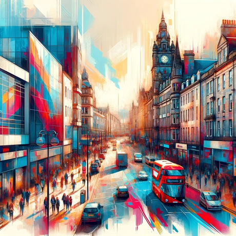 Vibrant cityscape Wall Art Canvas featuring iconic buildings and busy streets