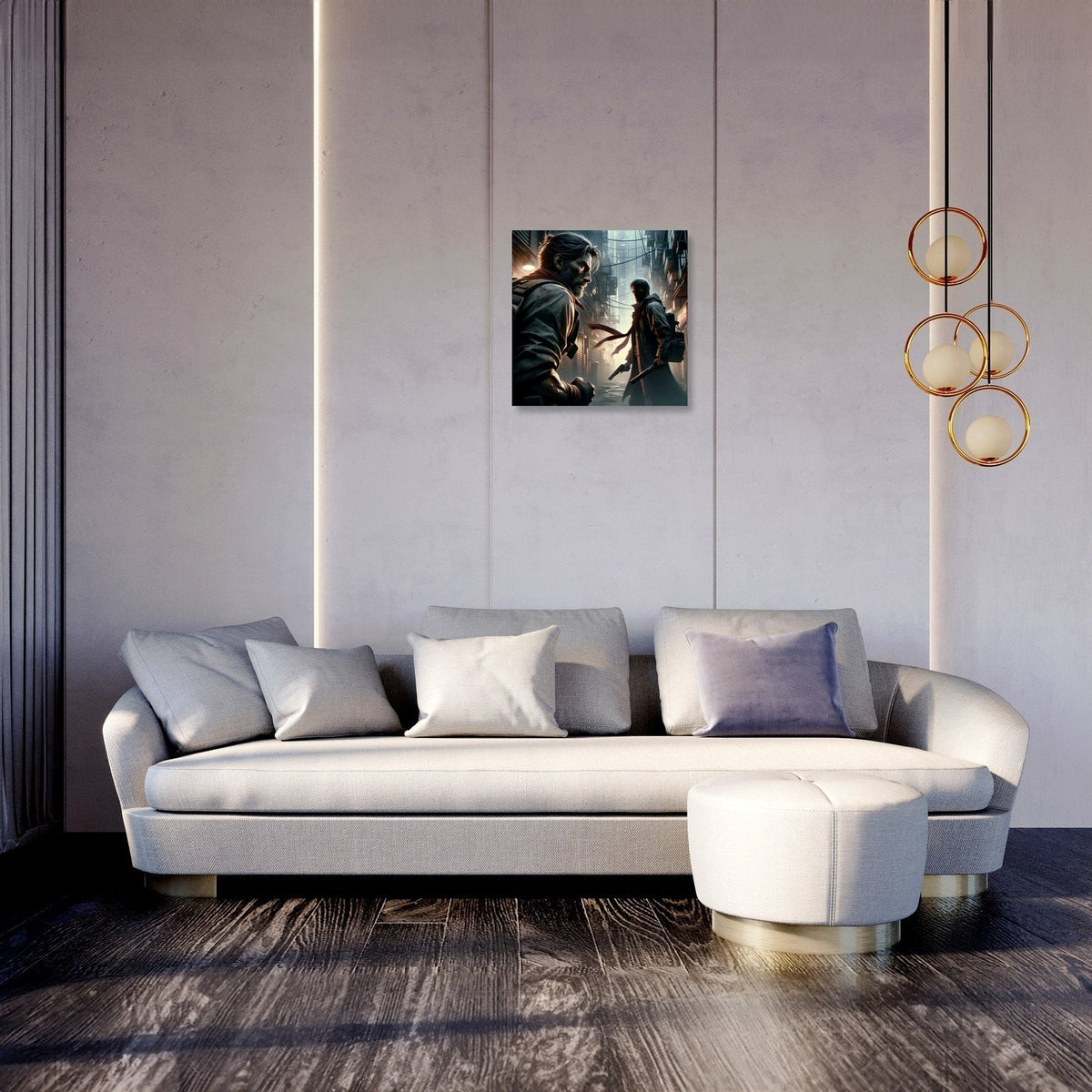 Stylish living room featuring Wall Art Canvas depicting a dramatic scene on the wall above a modern sofa