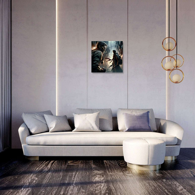 Stylish living room featuring Wall Art Canvas depicting a dramatic scene on the wall above a modern sofa