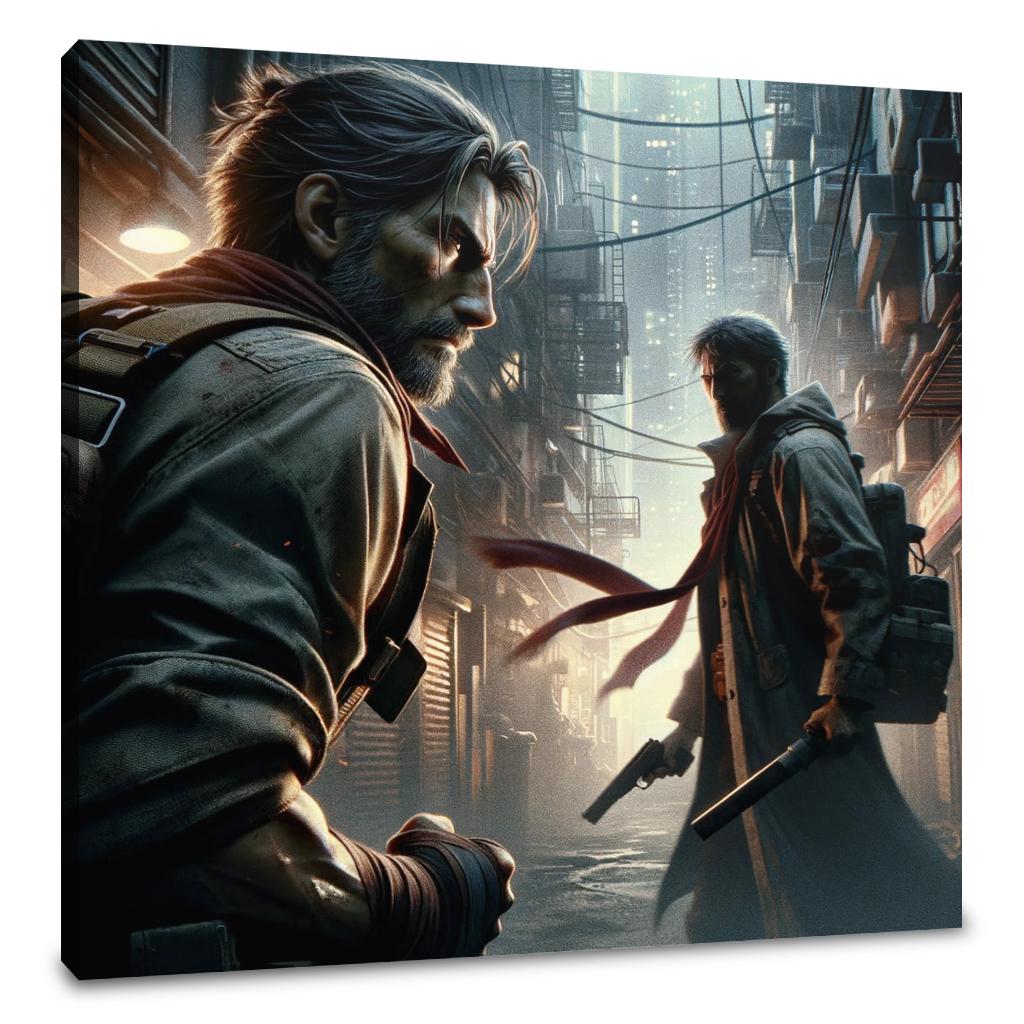 Intricate Wall Art Canvas featuring two characters in a moody alley with pistols