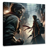 Intricate Wall Art Canvas featuring two characters in a moody alley with pistols