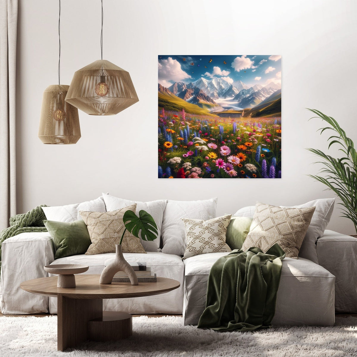 Vibrant Wall Art Canvas depicting a colourful mountain landscape filled with flowers, perfect for home decor