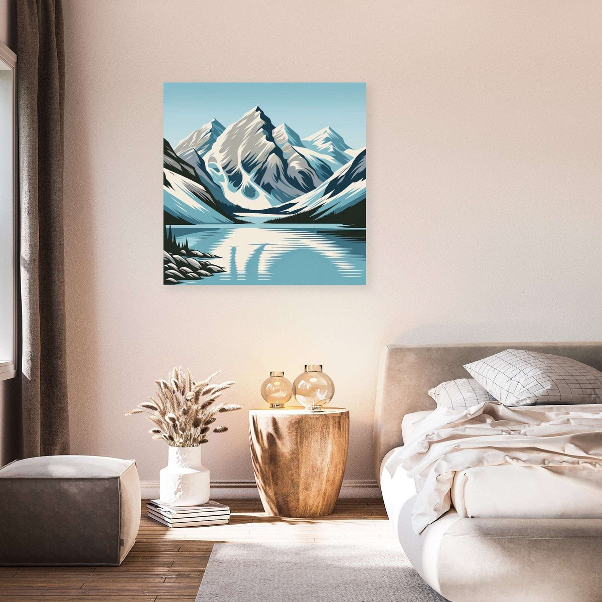 Mountain Landscape Wall Art Canvas depicting snowy peaks and a serene lake in a modern bedroom setting