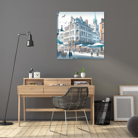 Beautiful Wall Art Canvas depicting a vibrant street scene with outdoor cafes and city architecture