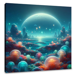Vibrant and colourful Wall Art Canvas depicting a surreal underwater landscape with glowing jellyfish