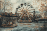 Abandoned amusement park scene featuring a Ferris wheel and carousel in a vintage style wall art canvas